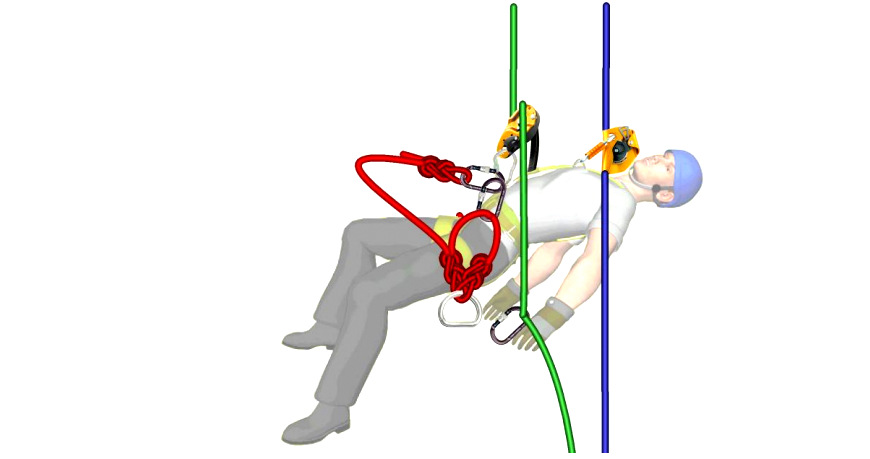 Пропустить верёвку, выходящую из спускового устройства пострадавшего, через дополнительный карабин для увеличения трения
